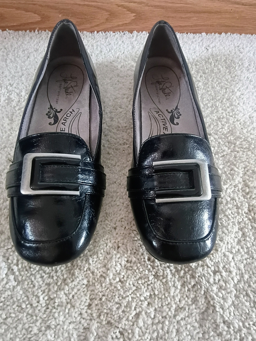 Life Stride Black Patent Leather Loafers with Silver Buckles